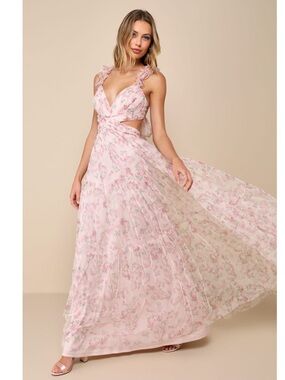 Lulus Ethereal Love Blush Pink Floral Pleated Tiered Tie-Back Mesh Maxi Dress Sm